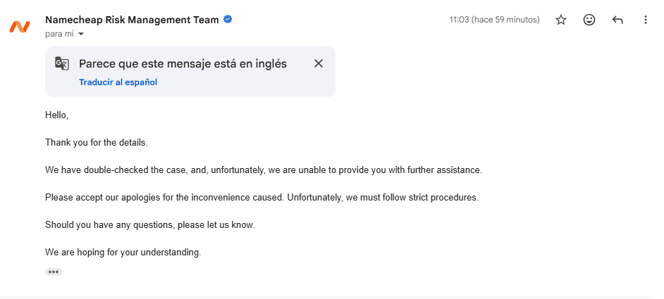 Email de Namecheap - Cumplimiento OFAC