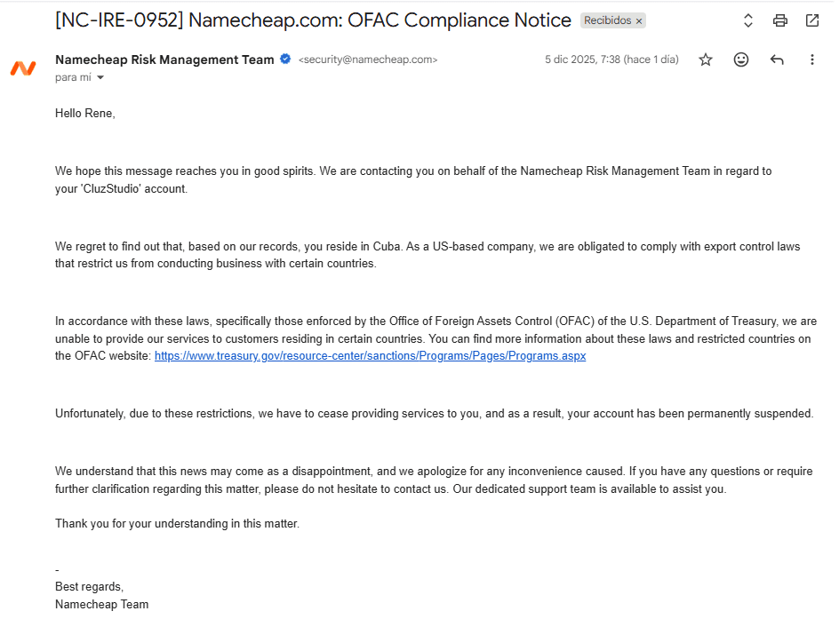Email de Namecheap - Notificación de suspensión